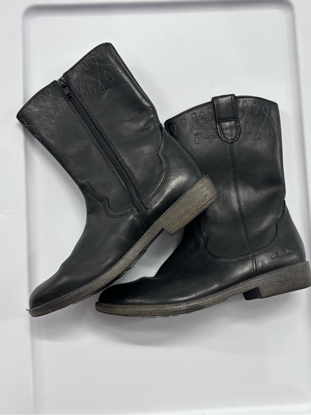 Girls Clarks Mid Calf Boots Size 2M Black Western Zip Cowgirl Clark’s Festival